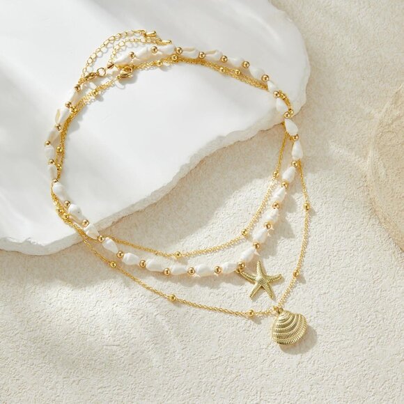 Women's Seashell Starfish Summer Pearl Beach 14k Gold Layered Dainty Choker - Picture 6 of 7